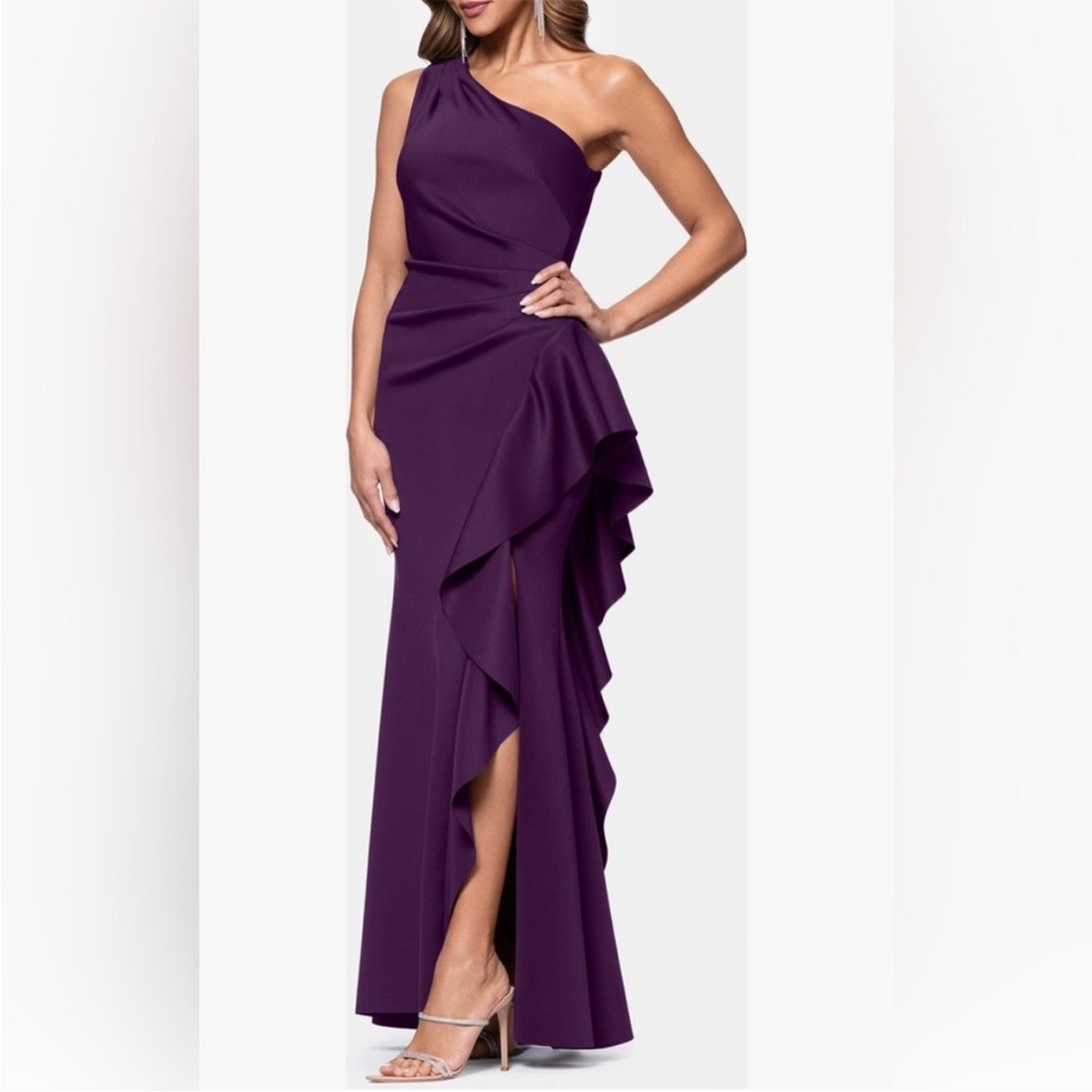 Xscape Purple One-Shoulder Ruffle Formal Gown SZ 8P Petite NWT Evening GALA MOB